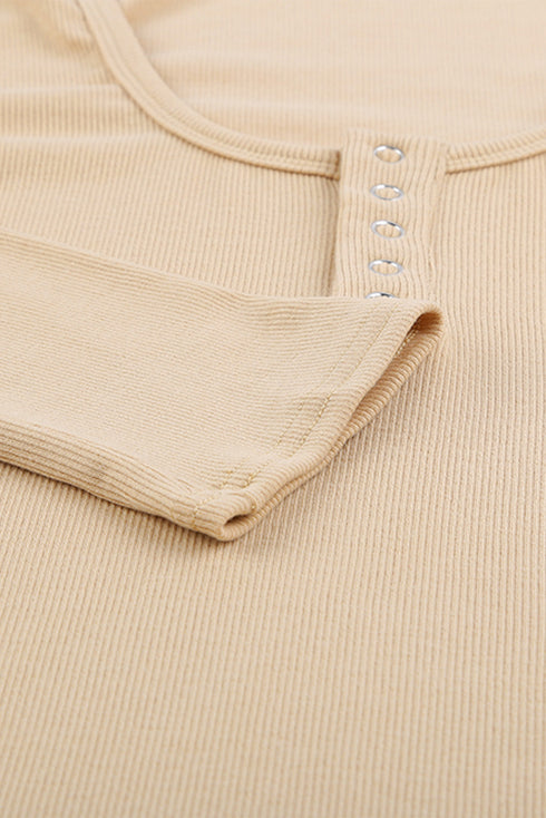 U Neck Button Knit Long Sleeve Top